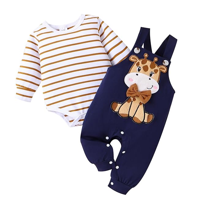 TOKIAGO Baby Boy Clothes Newborn Outfits Fall Winter Stripe Romper Infant Cartoon Overall Adjustable Suspender Pants Set - Image 2