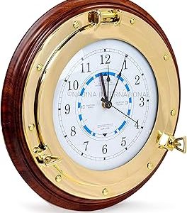 Nagina International Nautical Time Tide Clock with Brass Porthole & Wooden Base - Captain Maritime Beach Home Decor Gift (18 Inches)